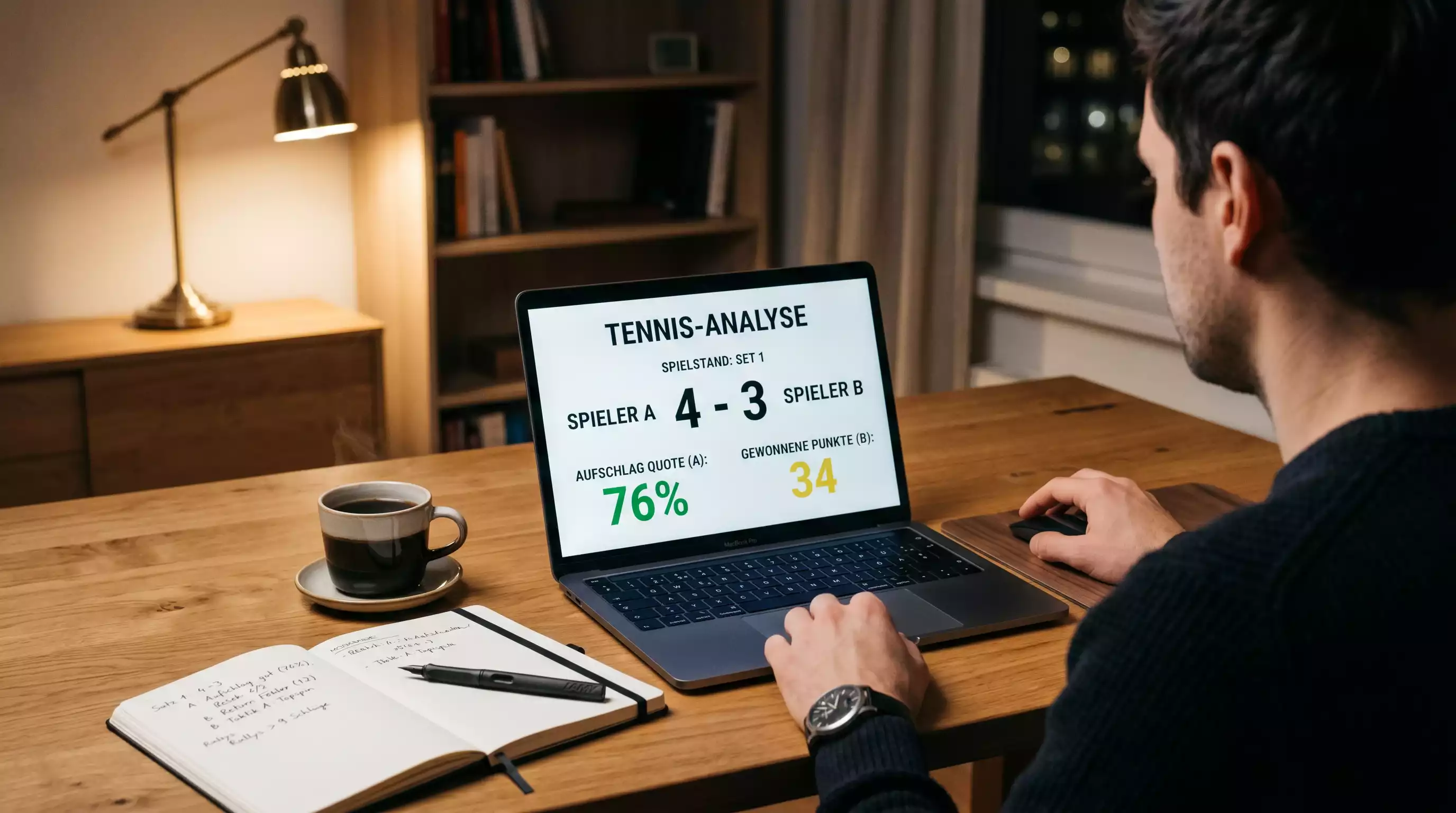 Laptop mit Tennisstatistiken und Notizblock für systematische Matchanalyse